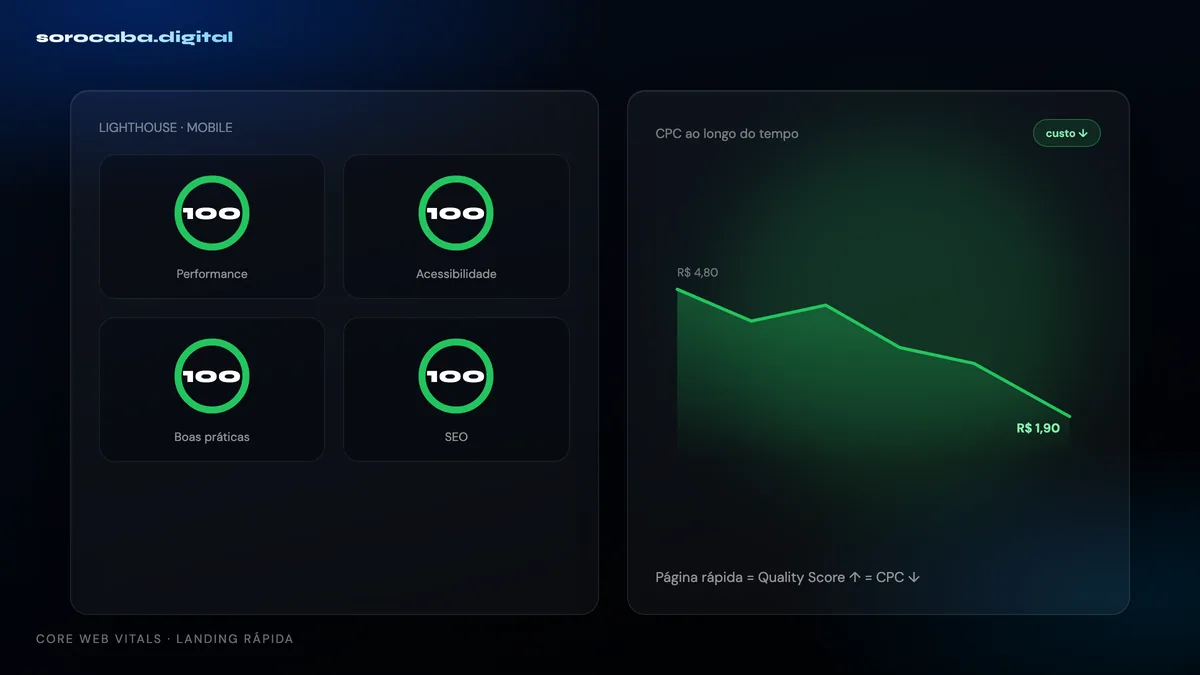 Resultado de performance de landing page — Core Web Vitals no verde reduzindo custo por clique