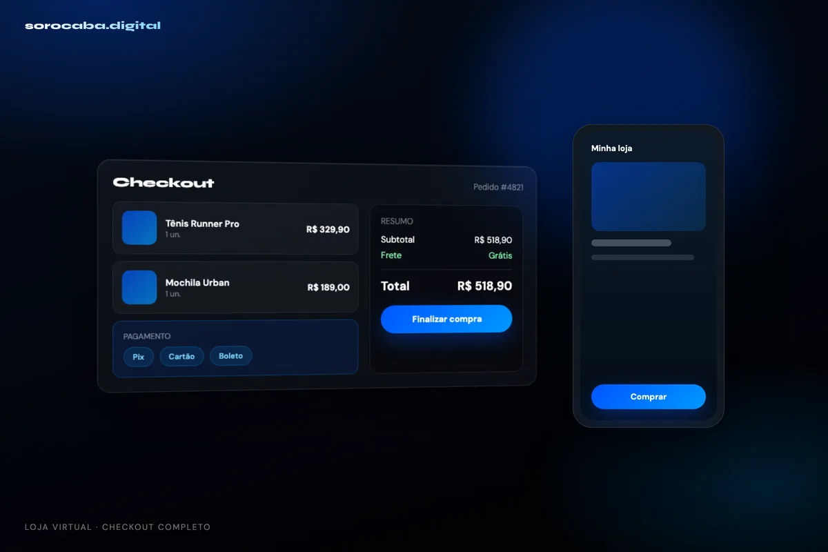 Loja virtual profissional com checkout completo — Pix, cartão e boleto configurados